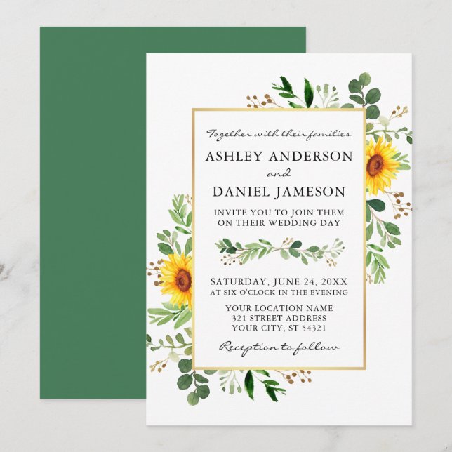 Invitación Boda Watercolor Greenery Sunflowers Gold (Anverso / Reverso)