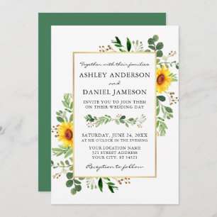 Invitación Boda Watercolor Greenery Sunflowers Gold