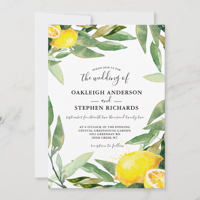 Invitación Boda Watercolor Lemon Wreath Boho (Anverso)