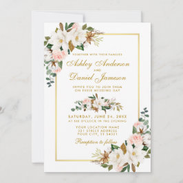 Invitación Boda Watercolor Magnolias Rosas Floral Gold