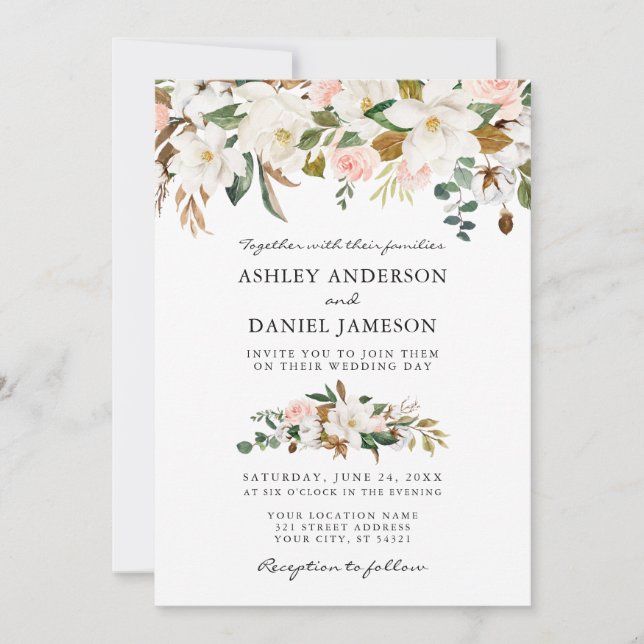 Invitación Boda Watercolor Magnolias Rosas Greenery (Anverso)