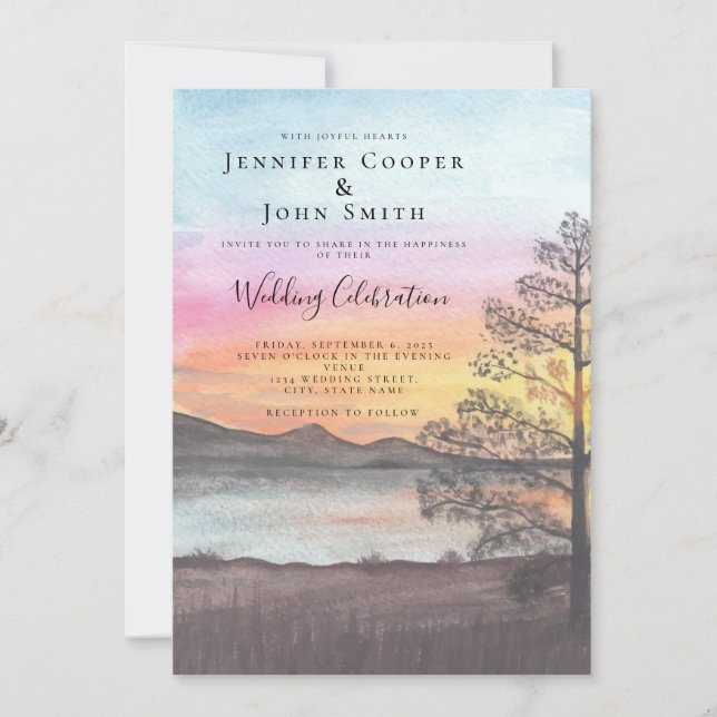 Invitación Boda Watercolor Mountain Lake View (Anverso)