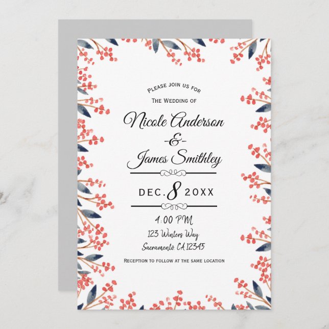 Invitación Boda Watercolor Red Holiday Winter Berries (Anverso / Reverso)