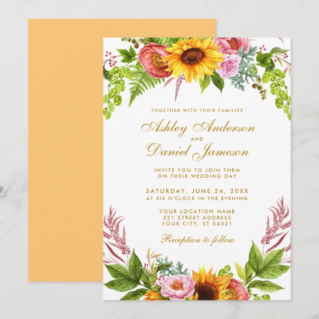 Invitación Boda Watercolor Sunflower Floral Gold (Anverso / Reverso)