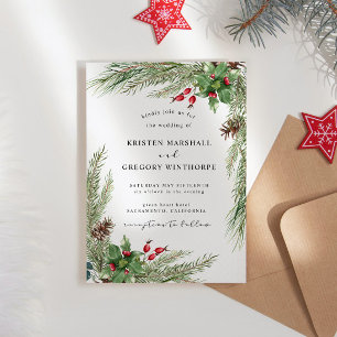 Invitación Boda Watercolor Winter Greenery Red Berries