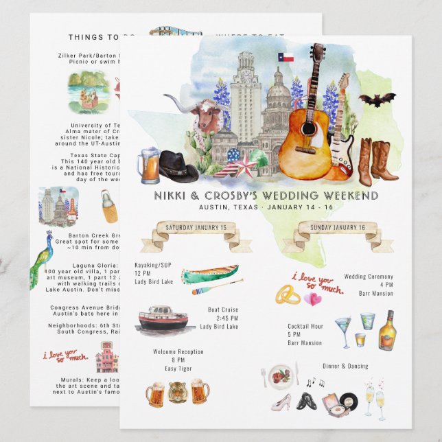 Invitación Boda Weekend Itinerary | Austin, Texas (Anverso / Reverso)