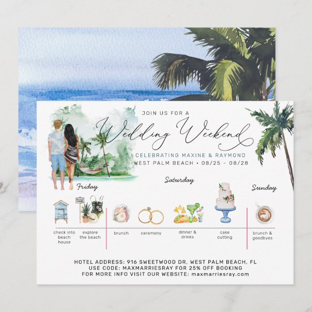 Invitación Boda Weekend Itinerary | Playa tropical (Anverso / Reverso)