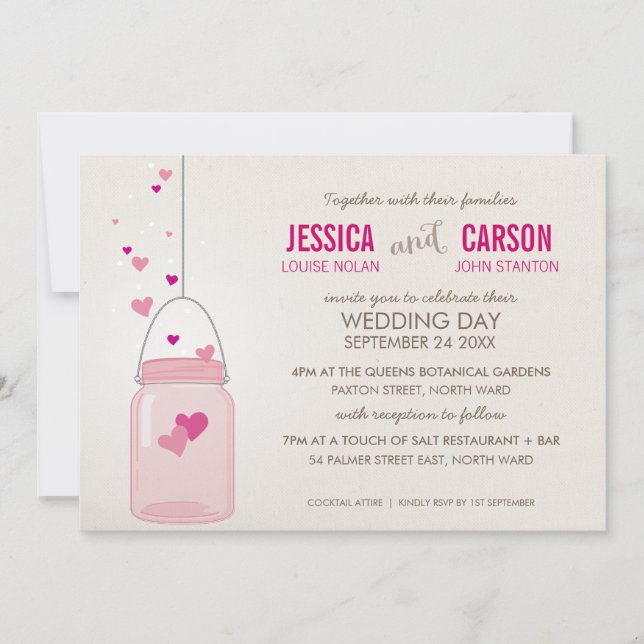 Invitación BODA WHIMSICAL de moda masón jar corazones de amor (Anverso)