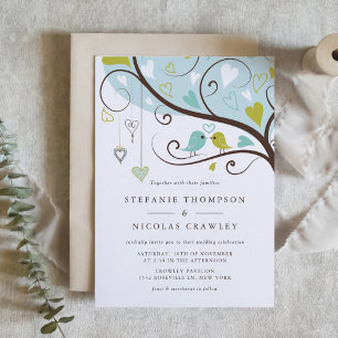 Invitación Boda Whimsical Lovebirds Azul y Verde