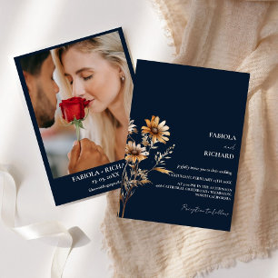 Invitación Boda Whimsical Monograma Boho Blue Wildflower