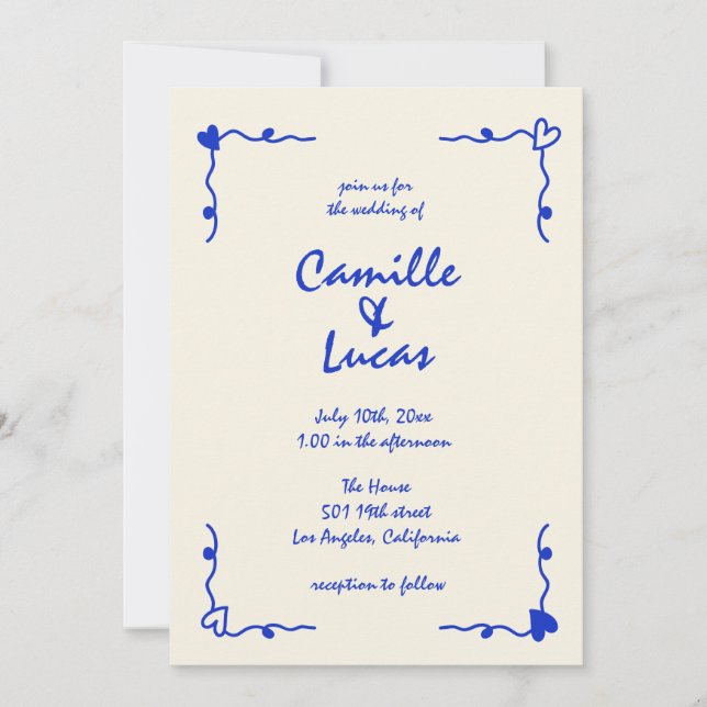 Invitación Boda Whimsical Retro Blue Handwriter (Anverso)