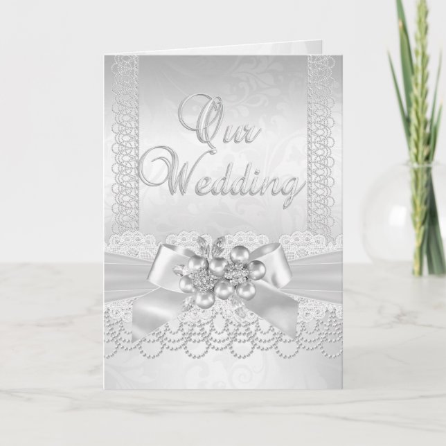 Invitación Boda White Pearl Lace Damask Diamond (Anverso)
