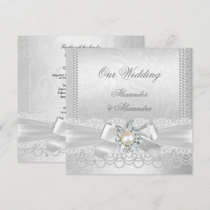 Invitación Boda White Pearl Lace Damask Diamond Silver