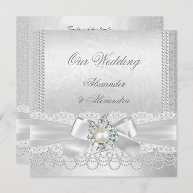 Invitación Boda White Pearl Lace Damask Diamond Silver (Anverso / Reverso)