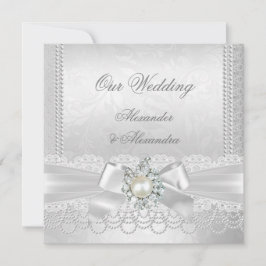 Invitación Boda White Pearl Lace Damask Diamond Silver