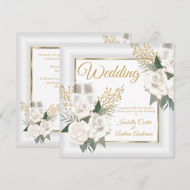 Invitación Boda White Rose Floral Champagne Gold (Anverso / Reverso)