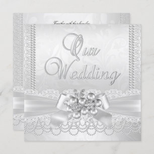 Invitación Boda White Silver Pearl Lace Damask Diamond