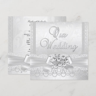 Invitación Boda White Silver Pearl Lace Damask Diamond