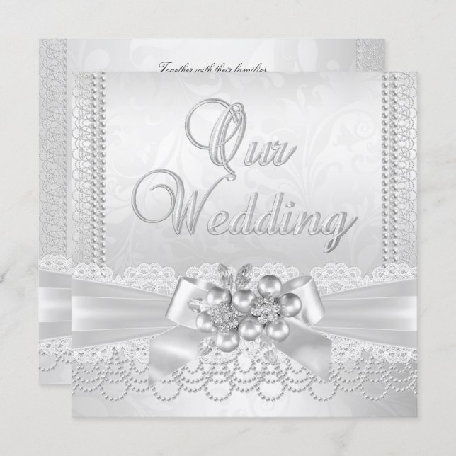 Invitación Boda White Silver Pearl Lace Damask Diamond (Anverso / Reverso)
