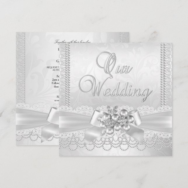 Invitación Boda White Silver Pearl Lace Damask Diamond (Anverso / Reverso)