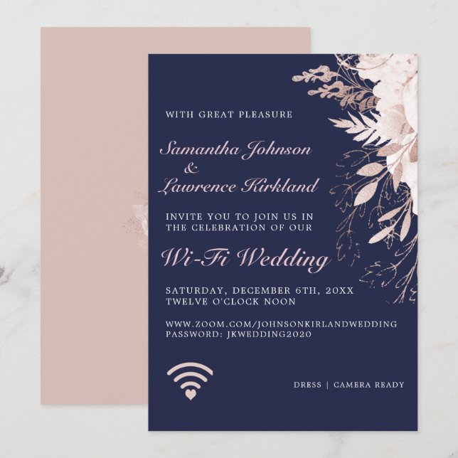 Invitación Boda WiFi virtual azul de la Marina Floral Rosa de (Anverso / Reverso)