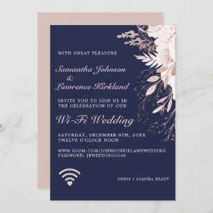 Invitación Boda WiFi virtual azul de la Marina Floral Rosa de