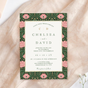 Invitación Boda William Morris, floral verde rosado vintage