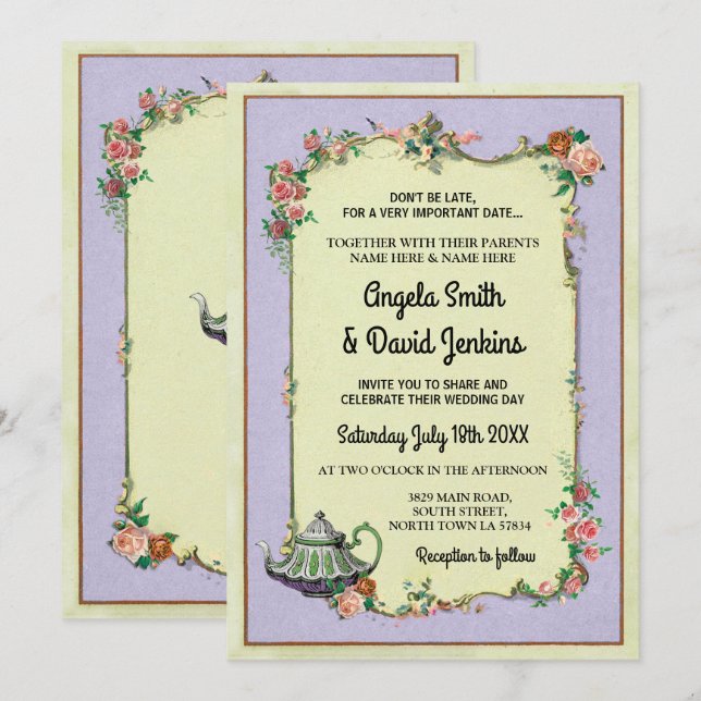 Invitación Boda Wonderland invita a la tarde Tea Teapot (Anverso / Reverso)