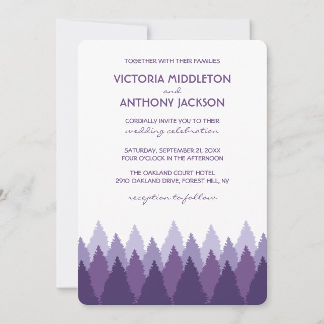 Invitación Boda Woodland de la gama de bosques morados (Anverso)