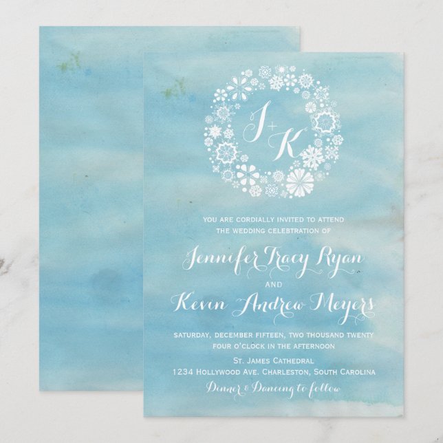 Invitación Boda Wreath Wreath Blue Snowflakes (Anverso / Reverso)