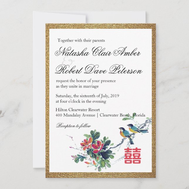 Invitación Boda Xi chino de floral de acuarela dorada (Anverso)