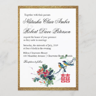 Invitación Boda Xi chino de floral de acuarela dorada