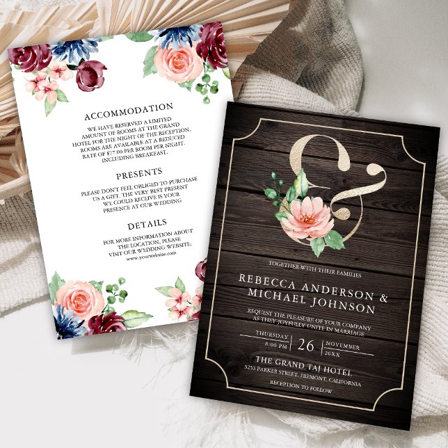 Invitación Boda y ampersa floral de borgoña de madera rosa (Subido por el creador)