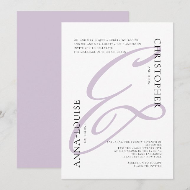 Invitación Boda y amplificador de guiones de lavanda formal D (Anverso / Reverso)