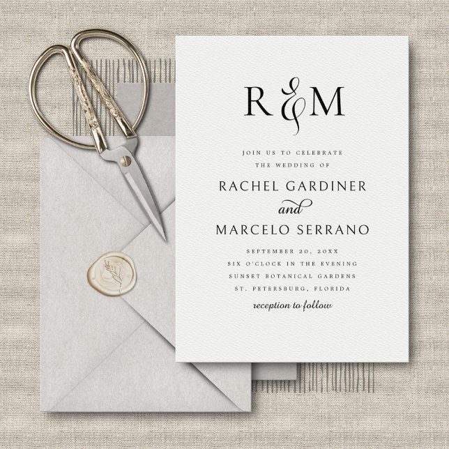 Invitación Boda y amplificador de monograma simple blanco neg (Subido por el creador)