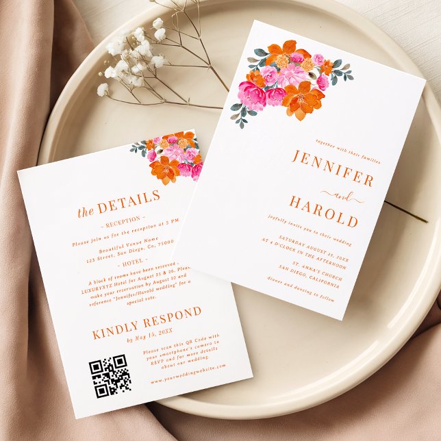 Invitación Boda y detalles de floral brillante rosa y Naranja (Subido por el creador)