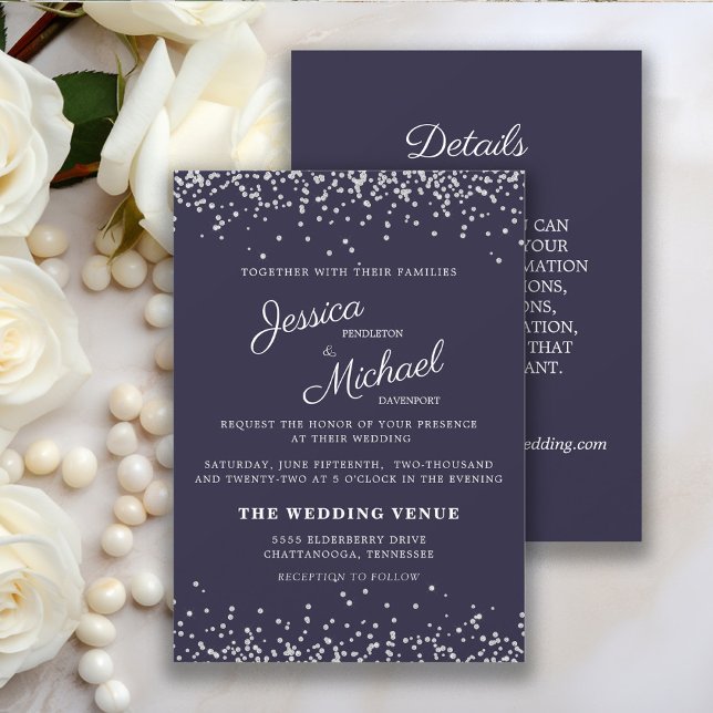 Invitación Boda y detalles del Purpurina Navy Blue Silver (Elegant navy blue and silver glitter 2-sided wedding invitation and details card.  )