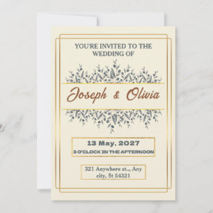 Invitación boda y elegantes bordes dorados de fondo beige