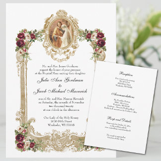 Invitación Boda y recepción católica floral y dorada