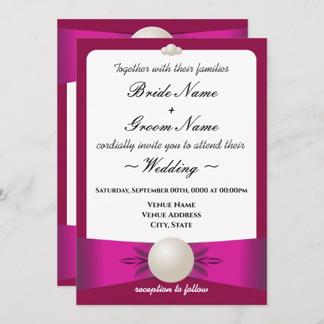 Invitación Boda y recepción de la cinta Magenta Pearl en negr (Anverso / Reverso)