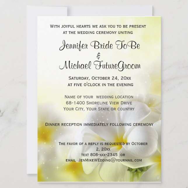 Invitación Boda y recepción de Plumeria Blanca de Hawái (Anverso)
