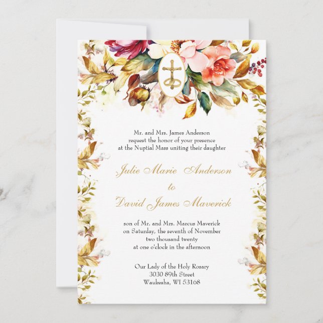Invitación Boda y recepción floral católica de tono jewel (Anverso)