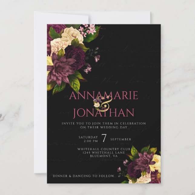 Invitación Boda y RSVP de peones y Rosas rosados morados (Anverso)