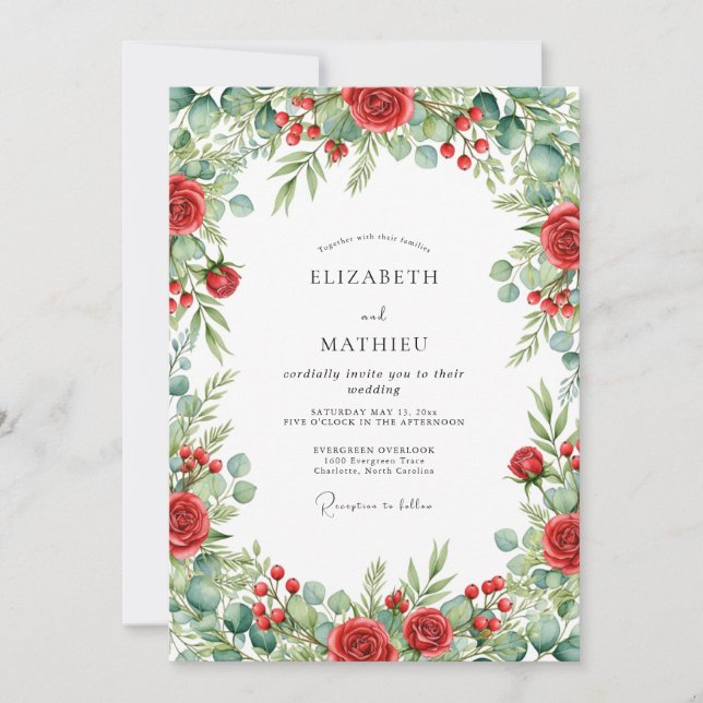 Invitación Boda Yuletide Verde Roja (Anverso)