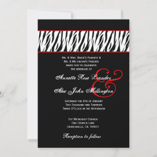 Invitación Boda Z002 de acentos rojos de cebra blanca y negra