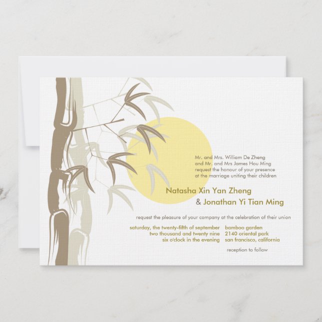 Invitación Boda Zen Asiática Jardín de Bambú Amanecer Amarill (Anverso)