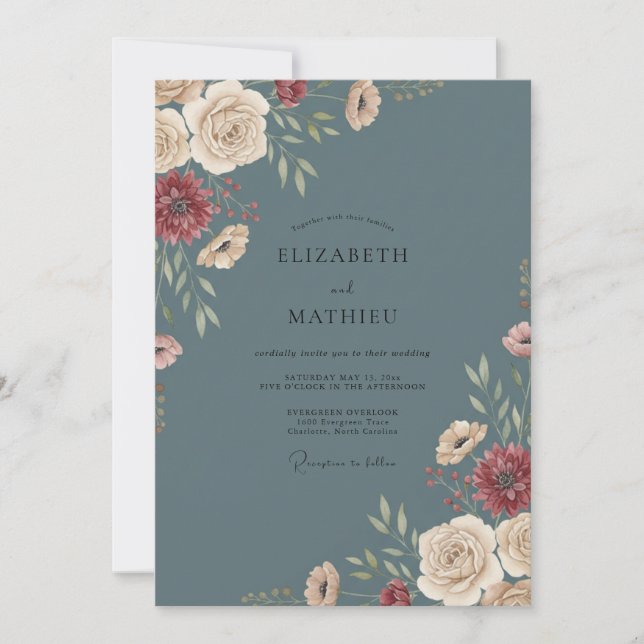 Invitación Boda Zinnia Eucalipto Champagne Pizarra (Anverso)