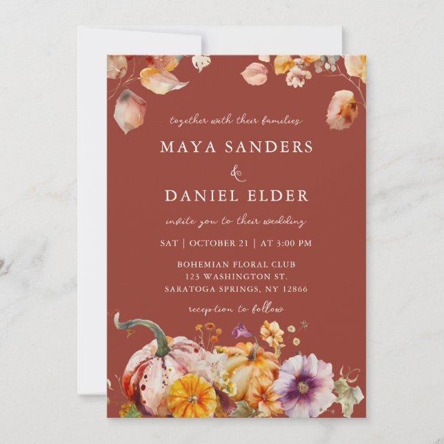 Invitación Bodas acogedoras de flores y calabazas de otoño (Anverso)