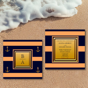 Invitación Bodas Ancla Rayas Naranja Azul Marina I