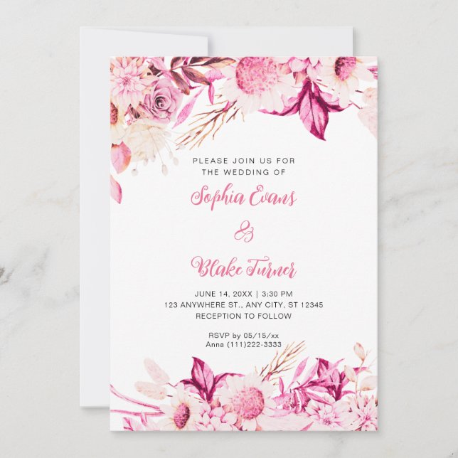 Invitación Bodas Blancas Boho con Flores Rosadas y Blancas (Anverso)